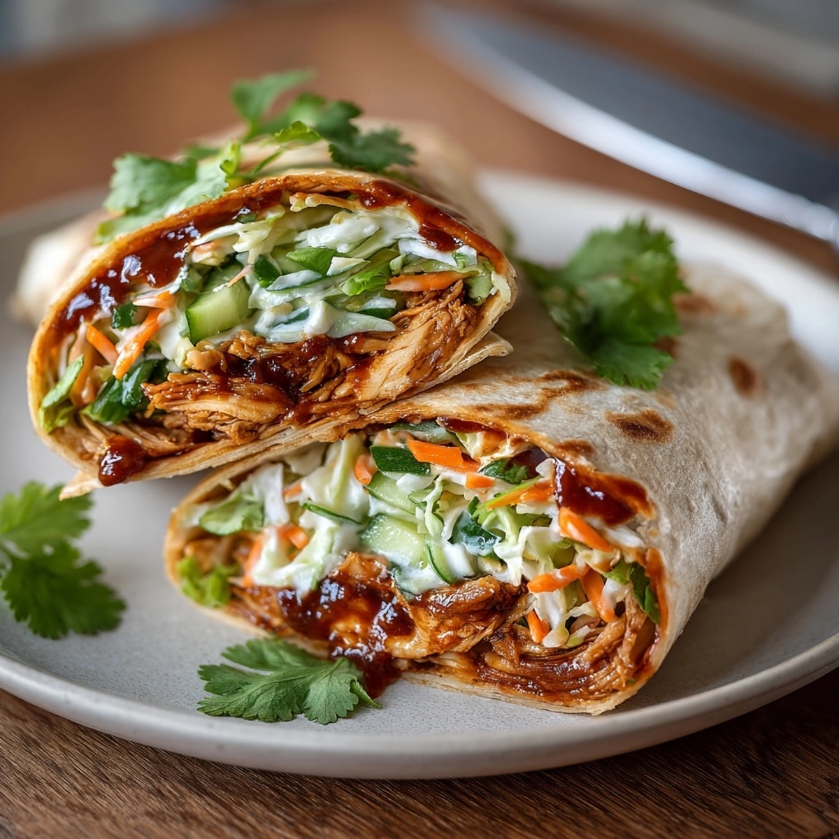 Close-up of a juicy BBQ Chicken Pickle Slaw Wrap, ready to enjoy.