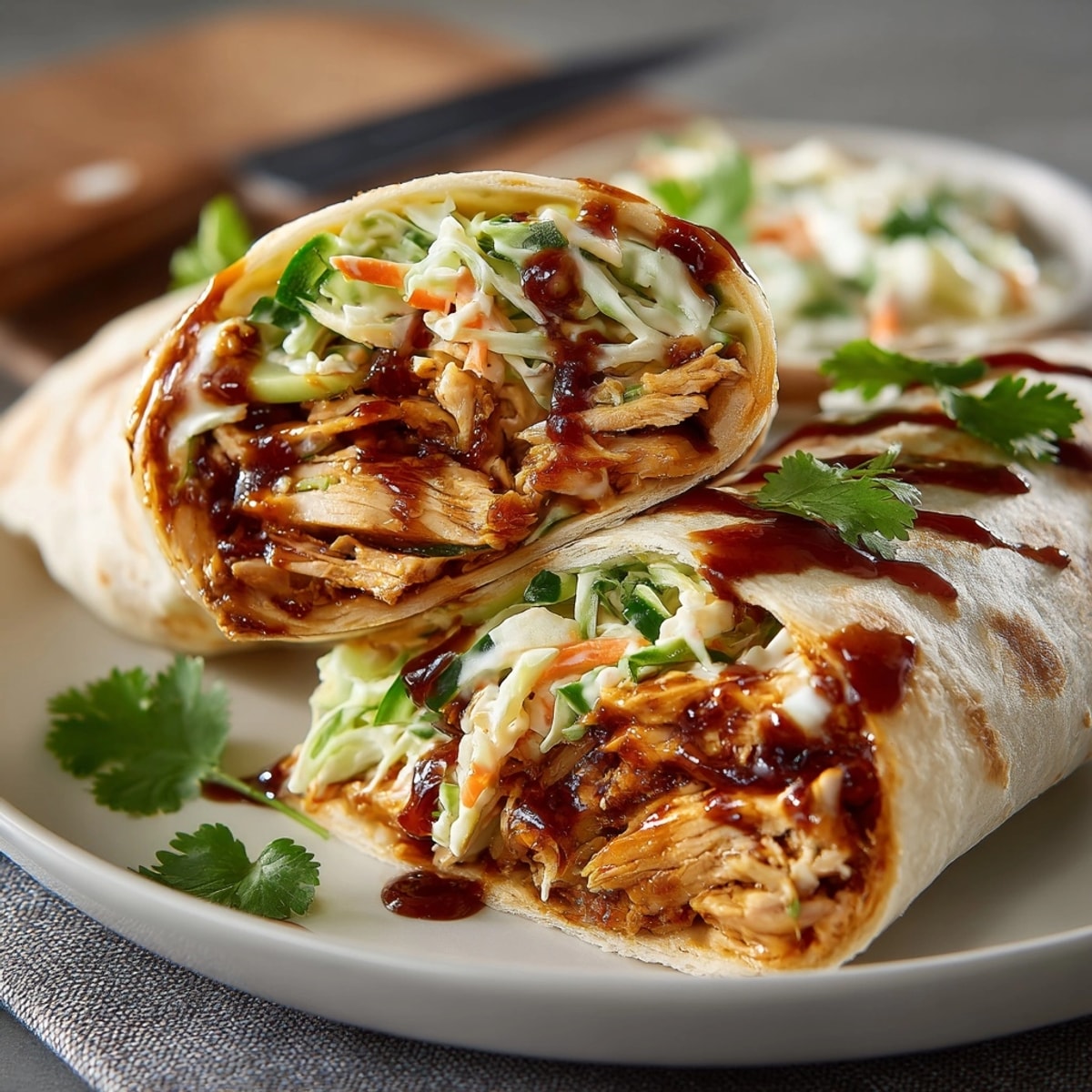 Tangy BBQ Chicken Pickle Slaw Wraps feature savory chicken and crisp pickle slaw inside.