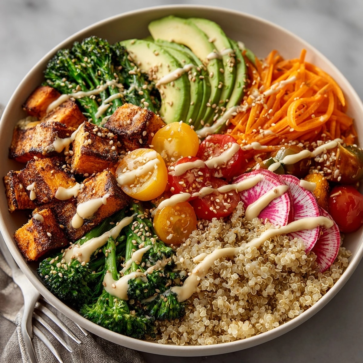 Vibrant Miso-Tahini Veggie Buddha Bowls: colorful, healthy, and served with tangy pickled radish.