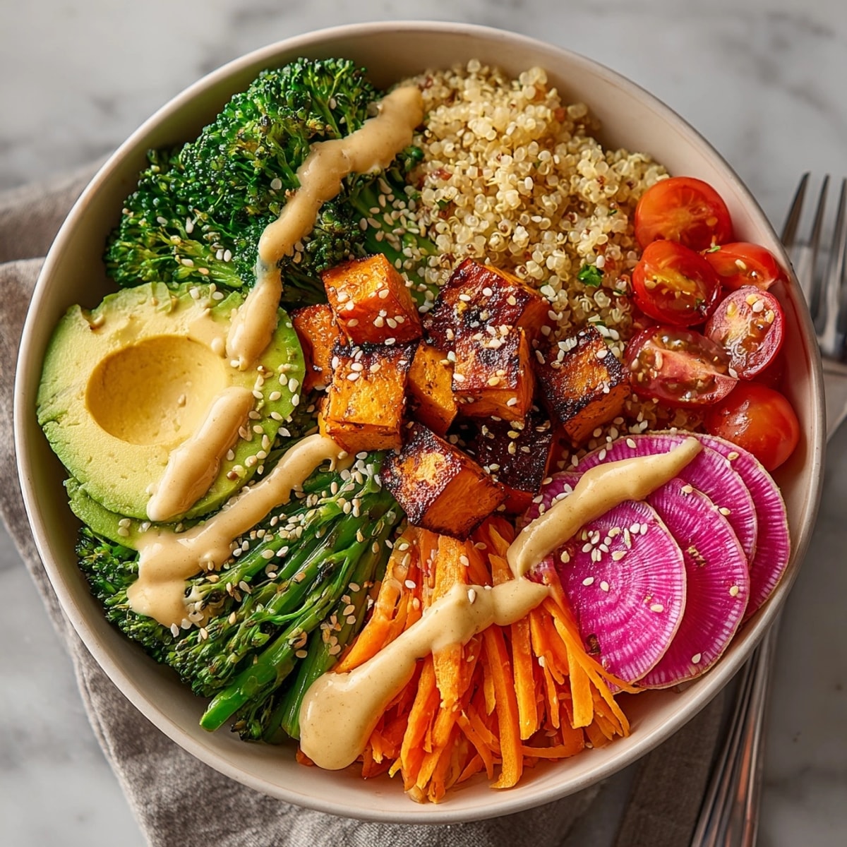 Close-up of wholesome Miso-Tahini Veggie Buddha Bowl, ready to enjoy for lunch.