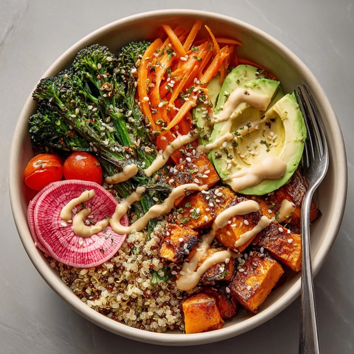 Creamy Miso-Tahini dressing on Veggie Buddha Bowls; a delicious, customizable recipe.