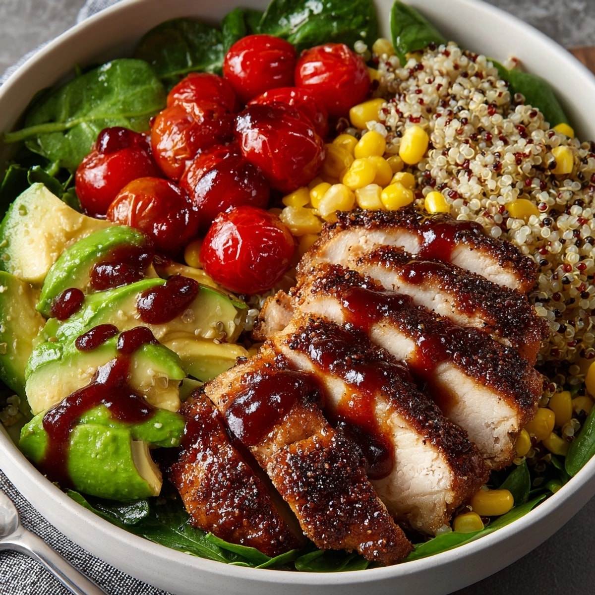 Grilled Cherry BBQ Chicken & Quinoa Salad shines, ready to serve; summer flavors burst forth.