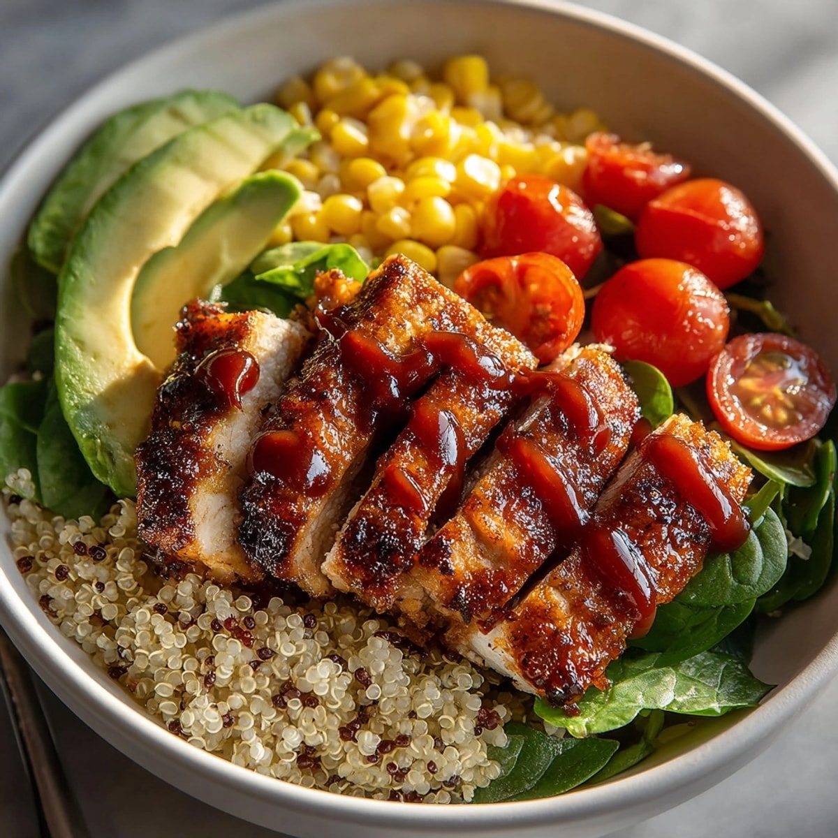 Close-up of smoky Cherry BBQ Chicken &amp; Quinoa Salad; textures beautifully combine in a bowl.