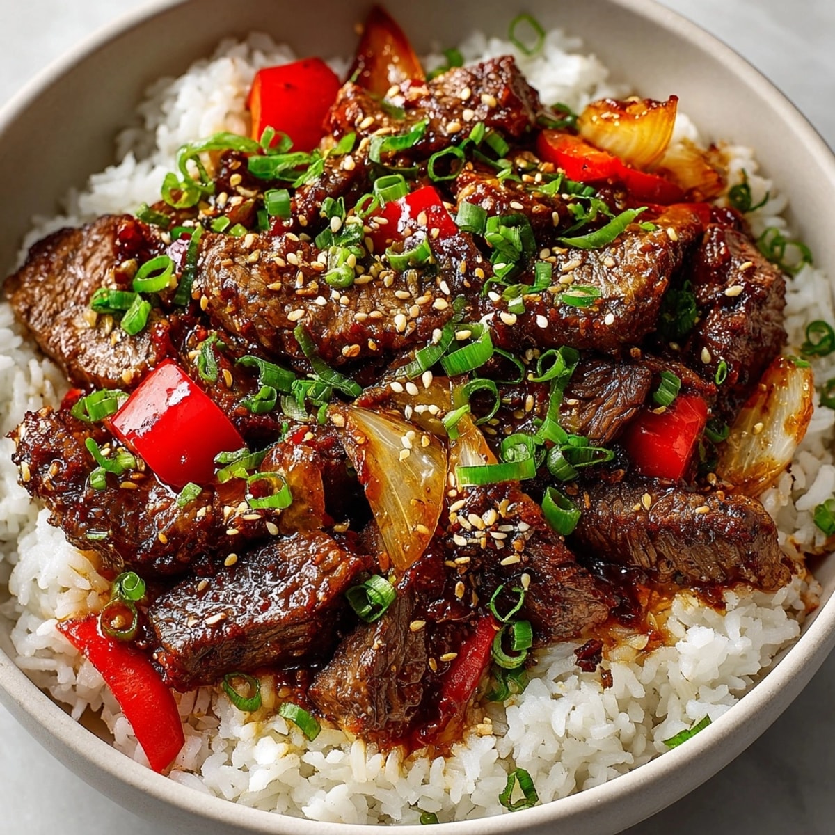 Gochujang Beef Rice Skillet: Ground beef and vibrant vegetables glistening in spicy gochujang sauce.