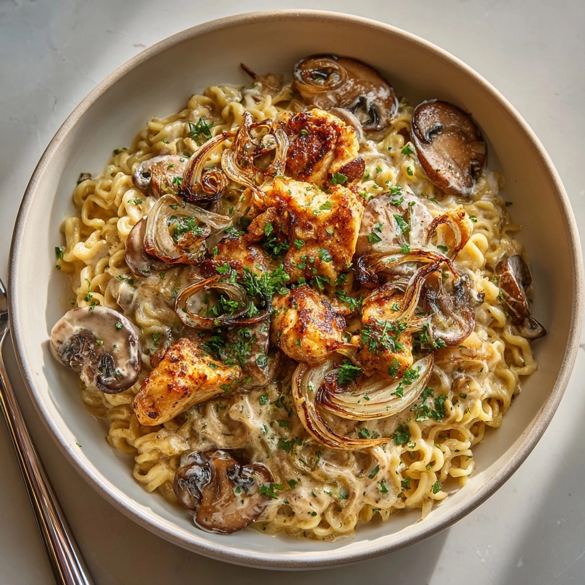 Imagine a delicious creamy mushroom stroganoff ramen, topped with fresh herbs and ready to eat!