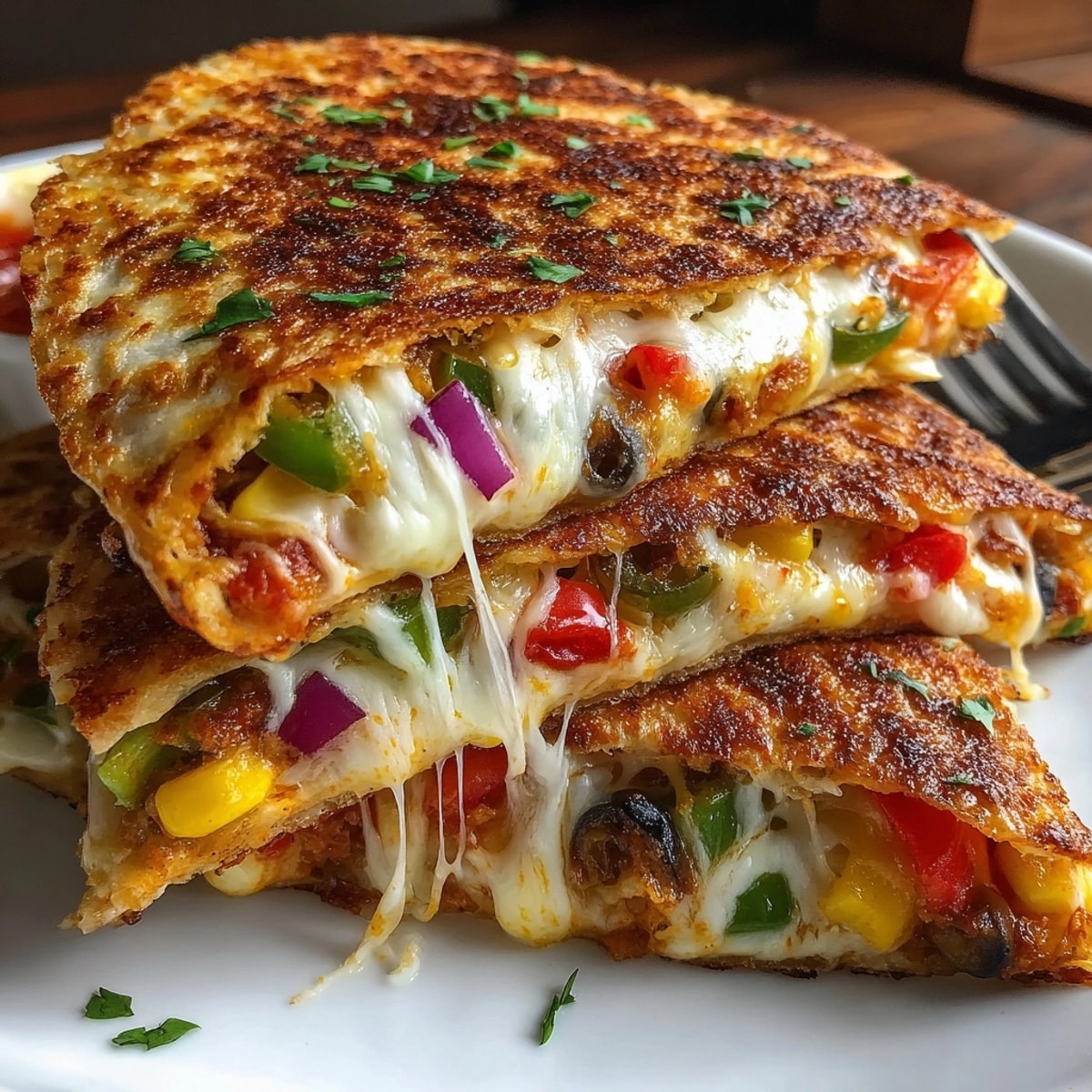 Veggie Pizza Quesadilla Pockets, golden crust, bubbling cheese, ready to devour warm.