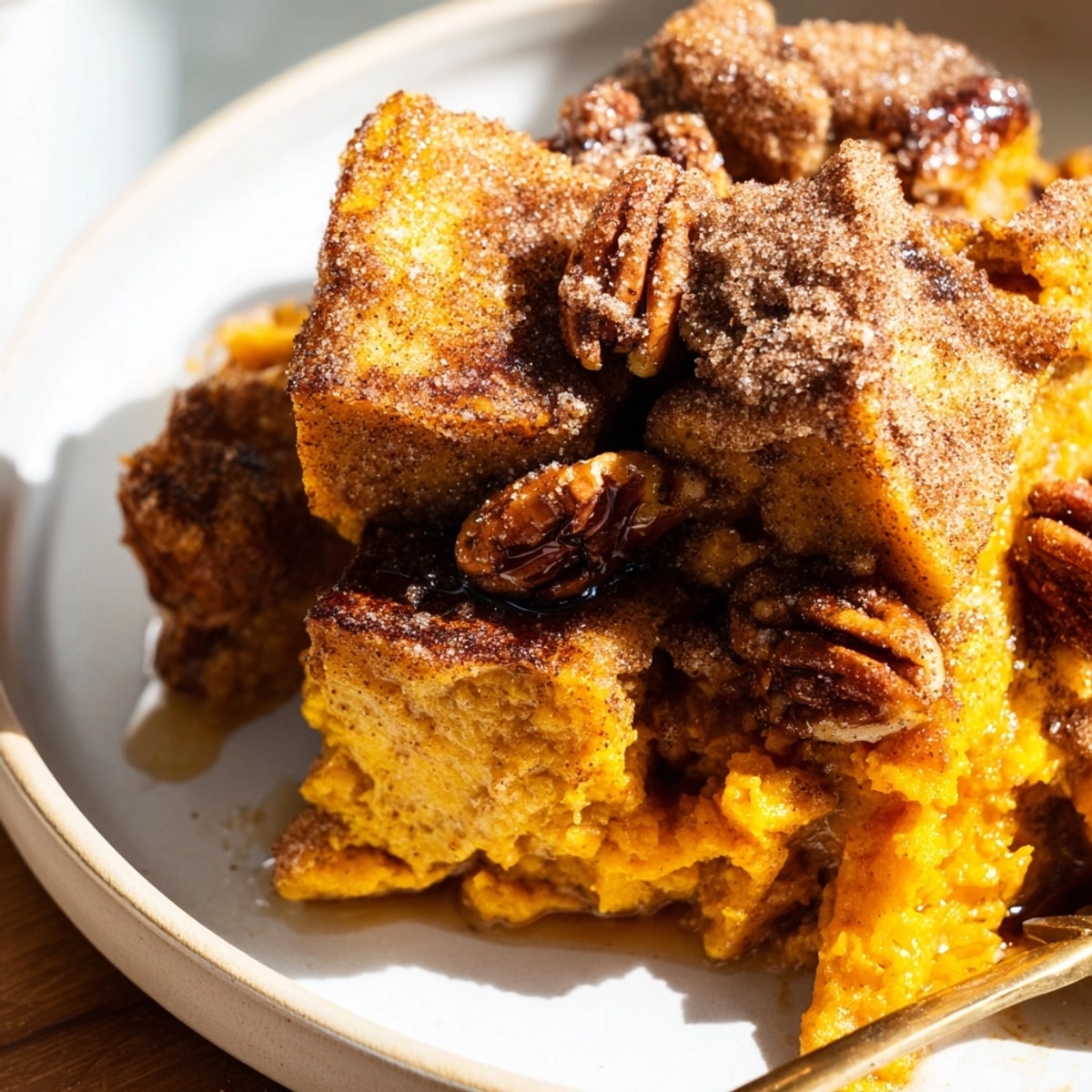 Stacked slices of Protein Pumpkin French Toast Bake; a tasty and healthy breakfast option.