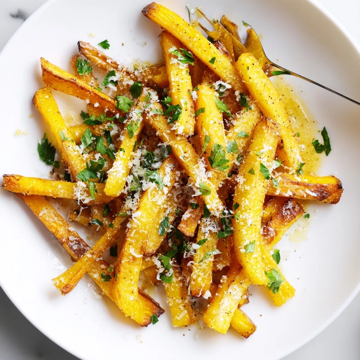 Baked Garlic Parmesan Yam Fries on parchment, ready as a delicious appetizer.