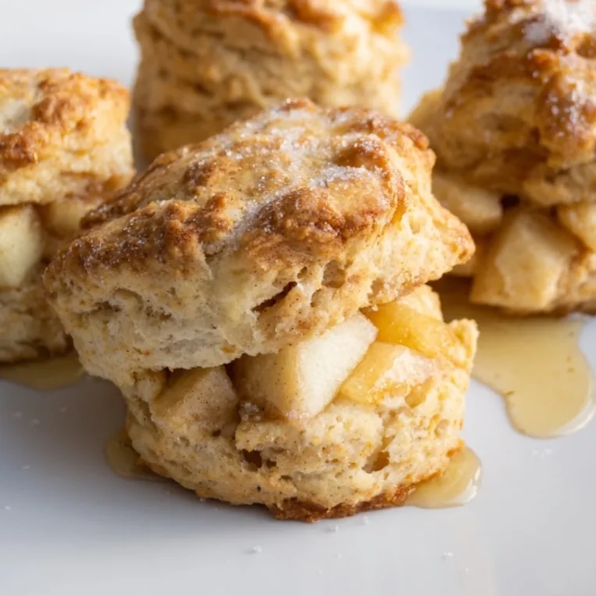 Freshly baked Cinnamon Honey Apple Scones, golden brown and drizzled with honey.