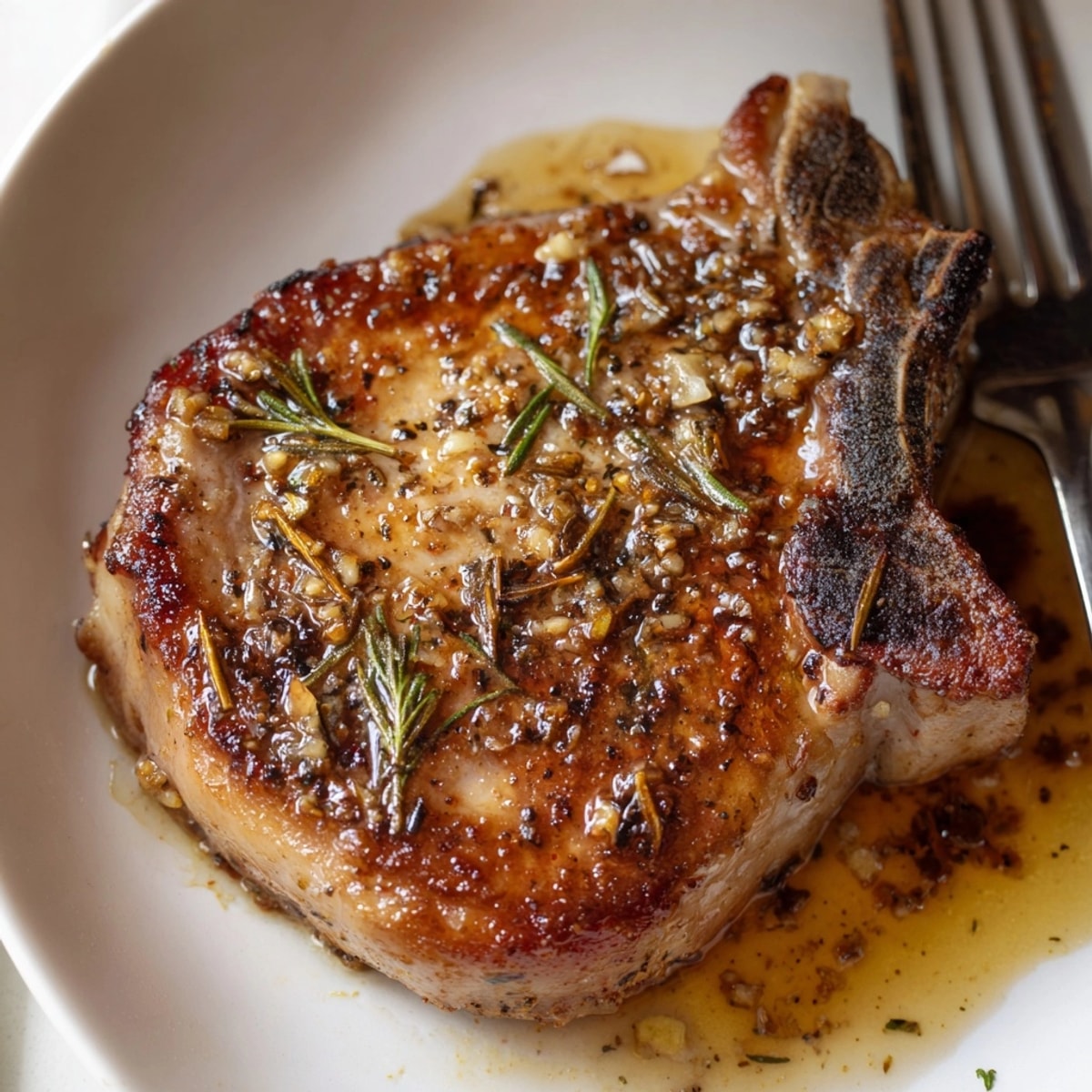 Close-up of savory Garlic Rosemary Pork Chops glistening with pan sauce; ready to serve.