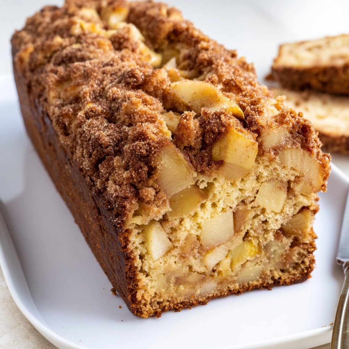 Warm, spiced Ricotta Apple Cinnamon Bread still in the pan, cooling and fragrant.