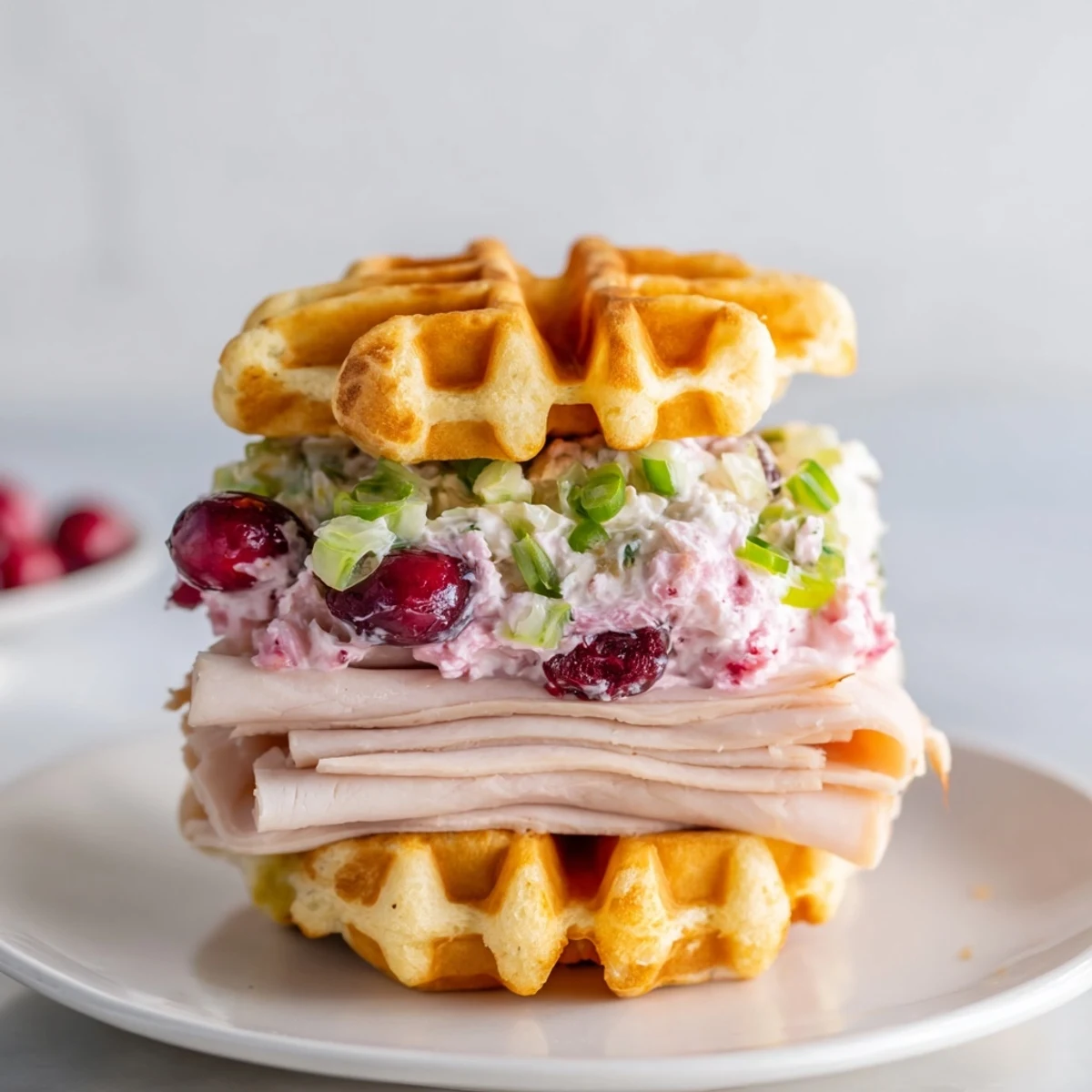 Sweet and spicy cranberry jalapeño dip waffle sliders ready for holiday appetizers.  