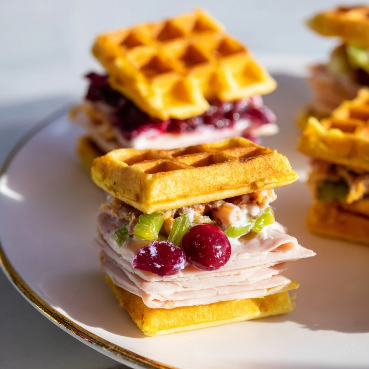 Mini waffles filled with creamy cranberry jalapeño dip and turkey, perfect for parties.  