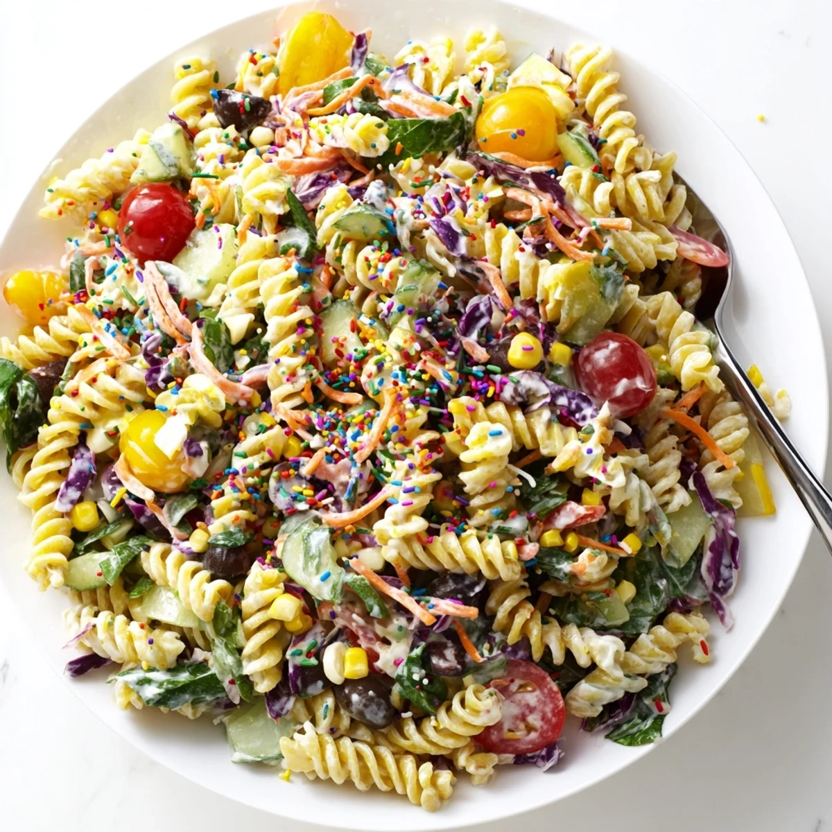 Vibrant Chaos Cake-Inspired Rainbow Pasta Salad with colorful vegetables and creamy dressing.
