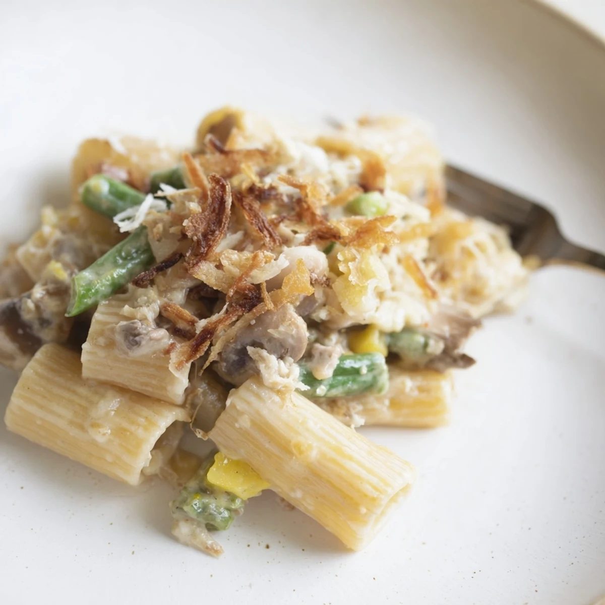 Creamy Thanksgiving Green Bean Casserole Pasta topped with crispy onions and cheese.  