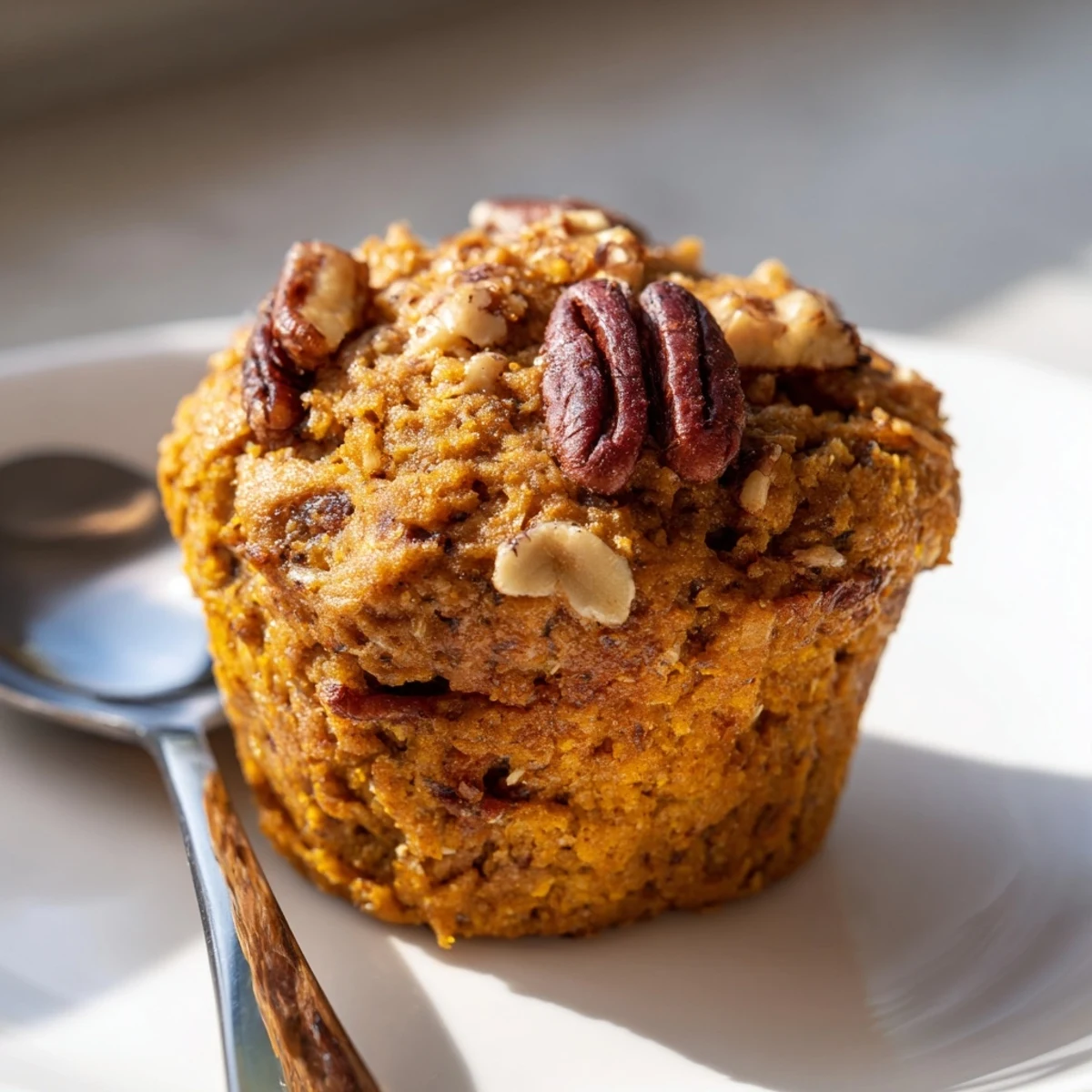 Moist pumpkin-pecan oatmeal muffins topped with crunchy pecans, perfect for breakfast.  
