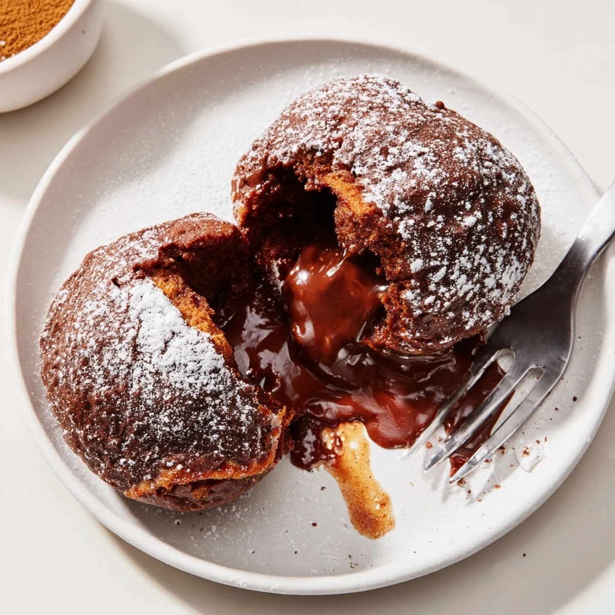 Decadent Chai Lava Cake Fritter with molten chocolate and warm spices, freshly dusted.  