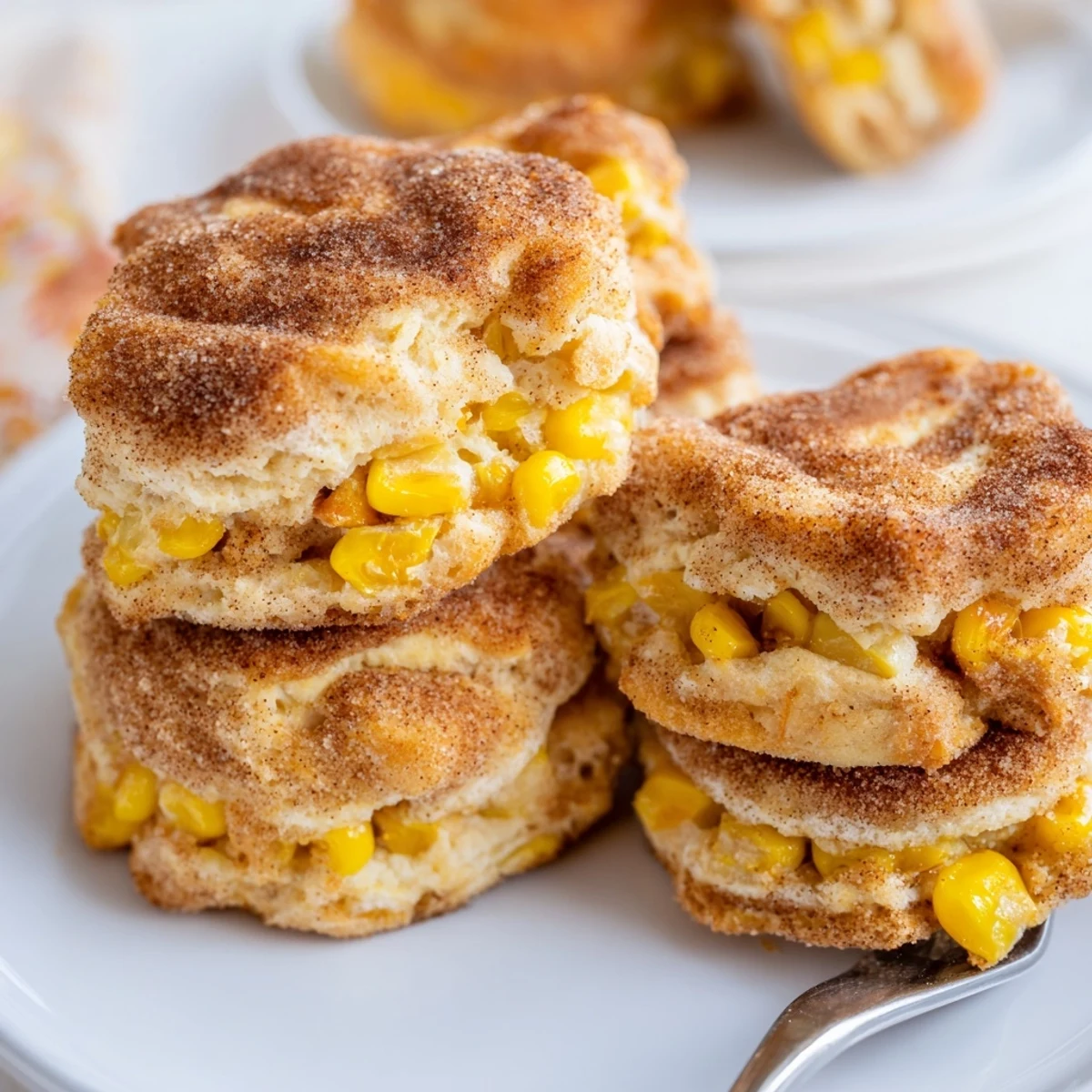 Fluffy cinnamon sugar sweet corn biscuits served warm, a delightful breakfast treat.