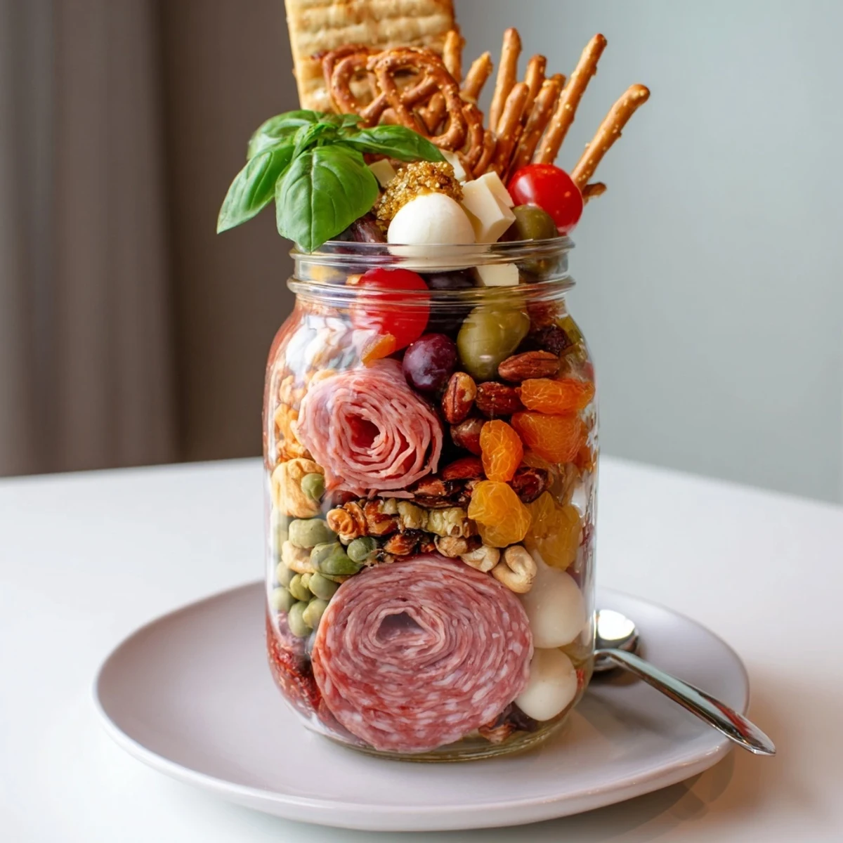 Eye-catching Monster “Chaos” Charcuterie Jar layered with savory treats, perfect for festive gatherings.