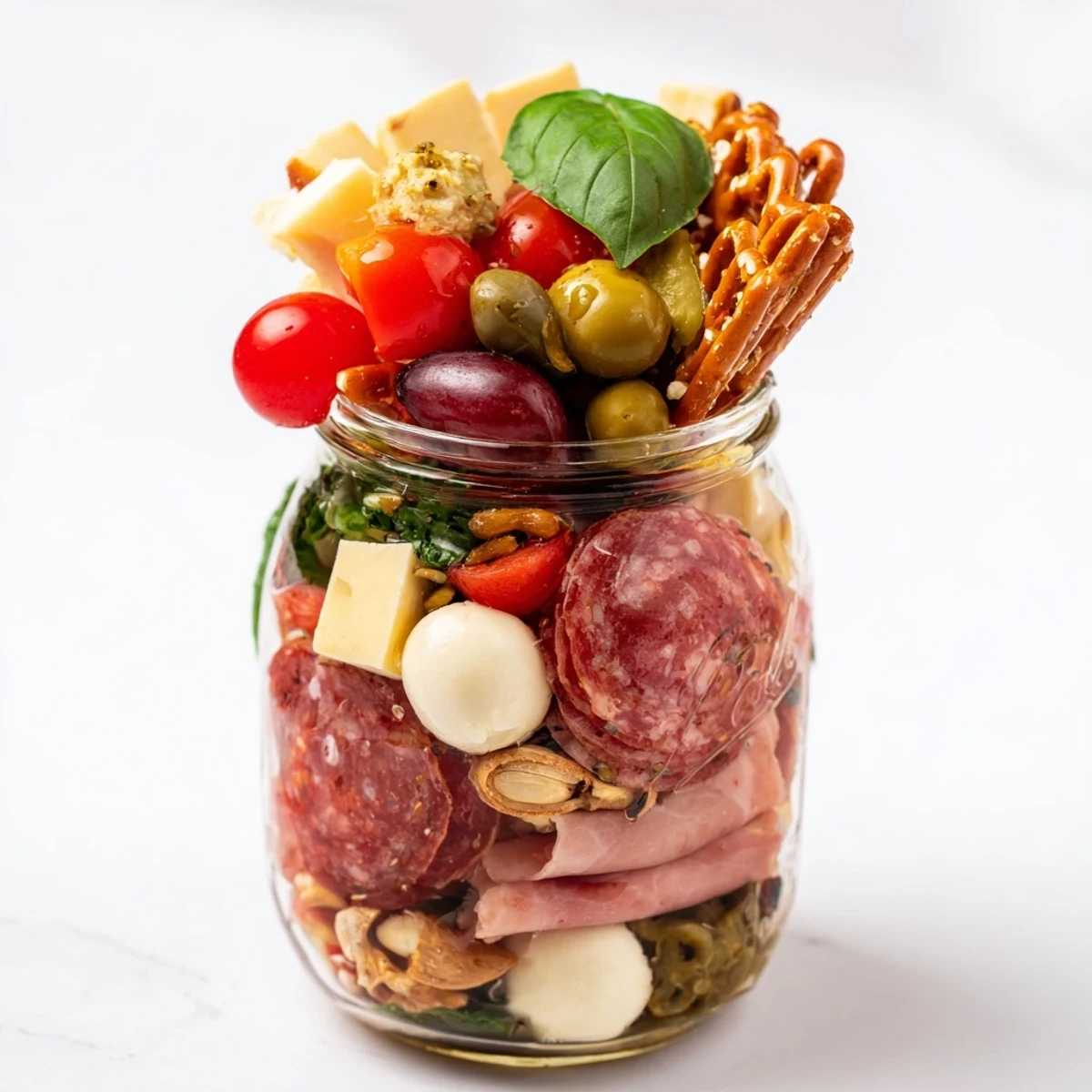 A colorful Monster "Chaos" Charcuterie Jar filled with meats, cheeses, and veggies.  