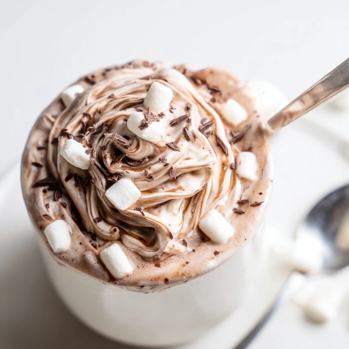 Fluffy whipped hot chocolate topped with marshmallows for a cozy winter treat.  