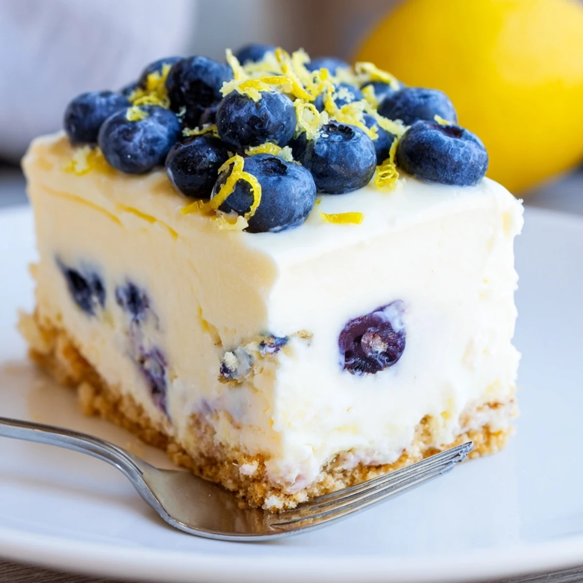 A refreshing No-Bake Lemon Blueberry Cream Cake with a buttery graham cracker crust.  