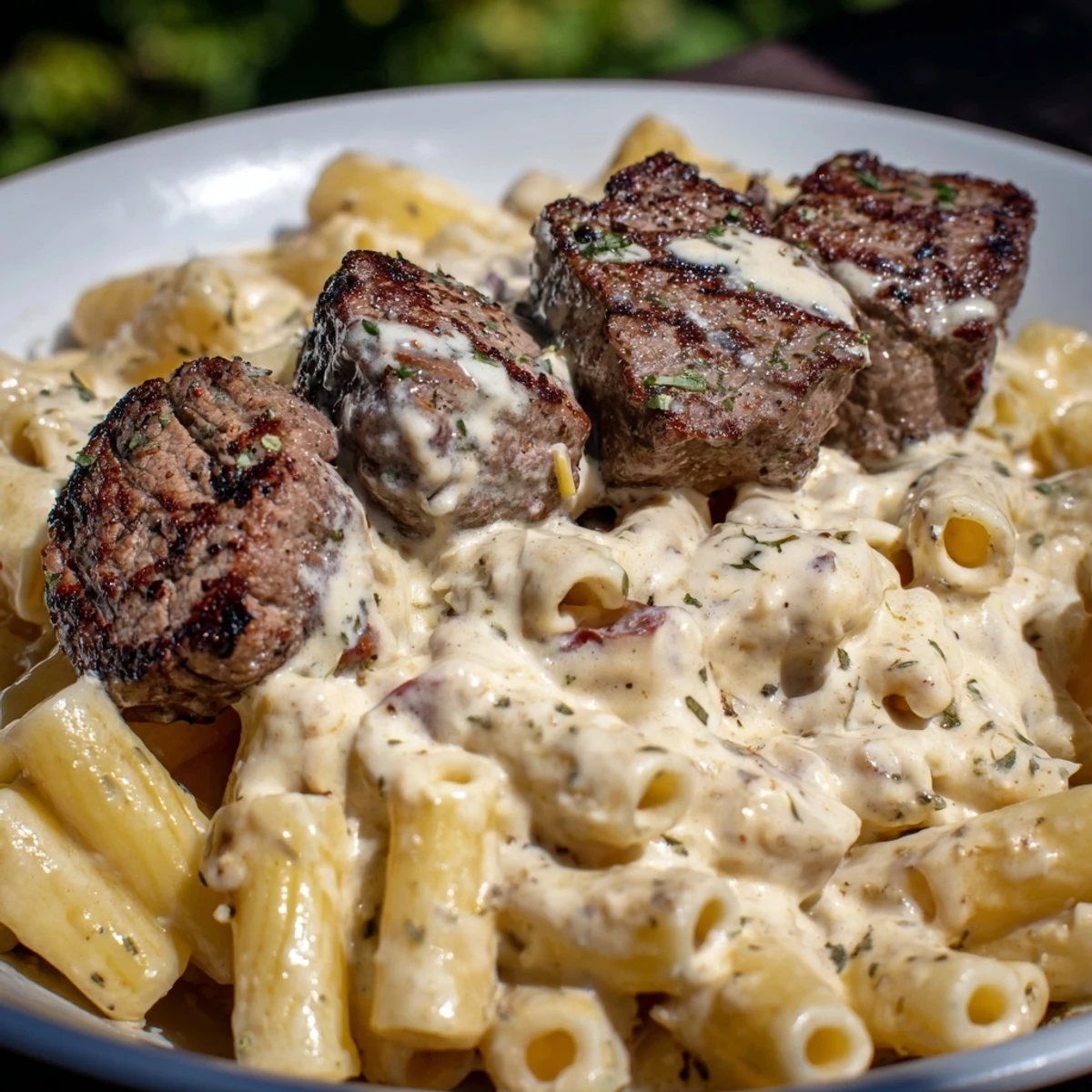 Savory Cajun steak tips mixed with rigatoni in luscious Parmesan sauce, garnished perfectly.