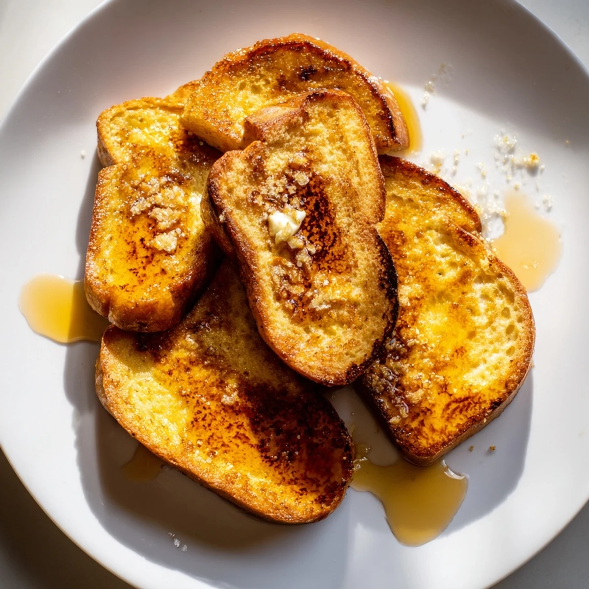 Decadent Overnight Crème Brûlée French Toast served with warm maple syrup.