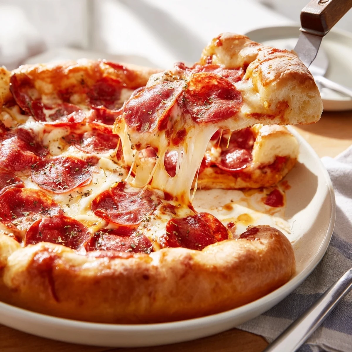 Homemade Stuffed Crust Pepperoni Pizza, golden crust encasing melted cheese, perfect for family nights.  