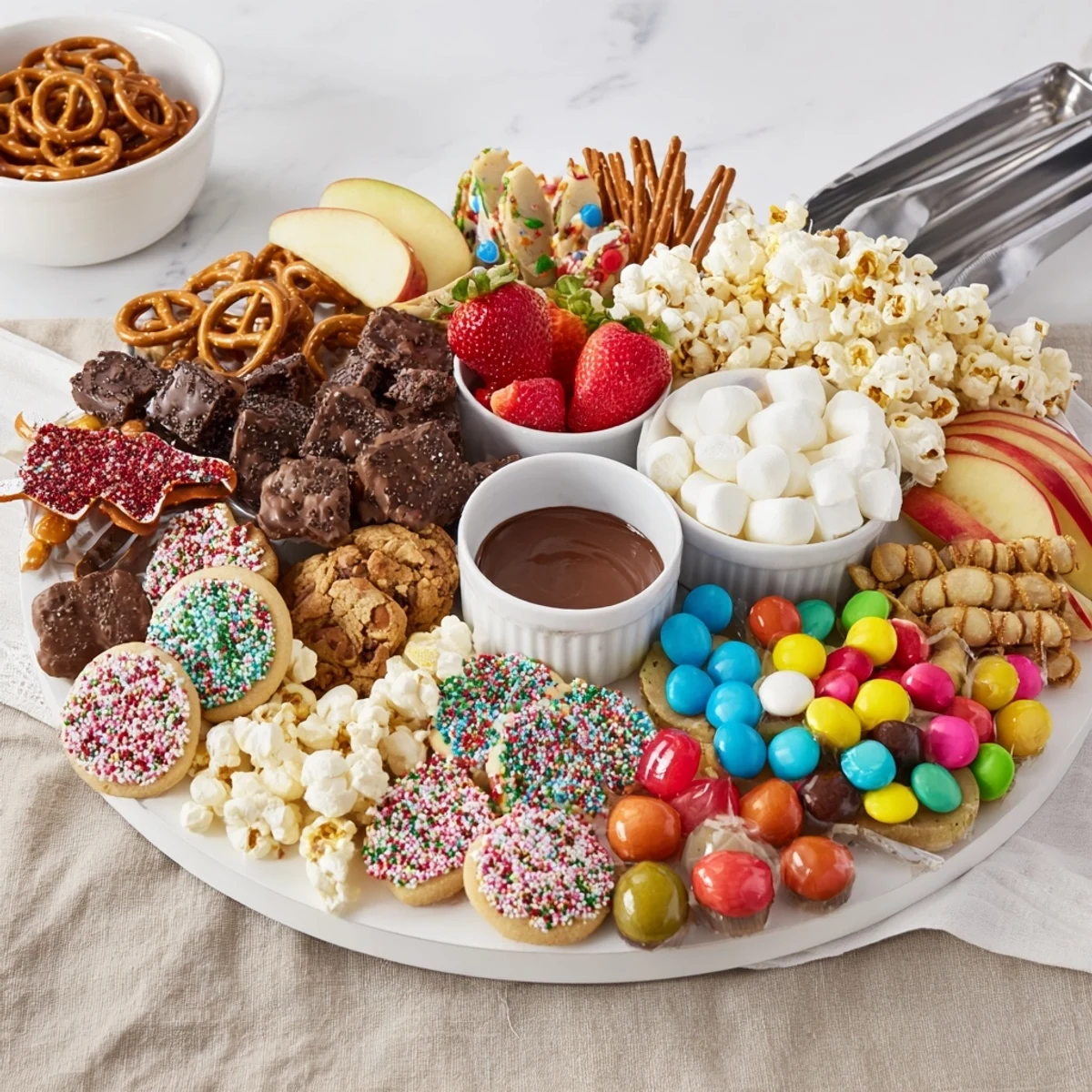 A colorful dessert board featuring themed snacks and sweet treats for sharing.  