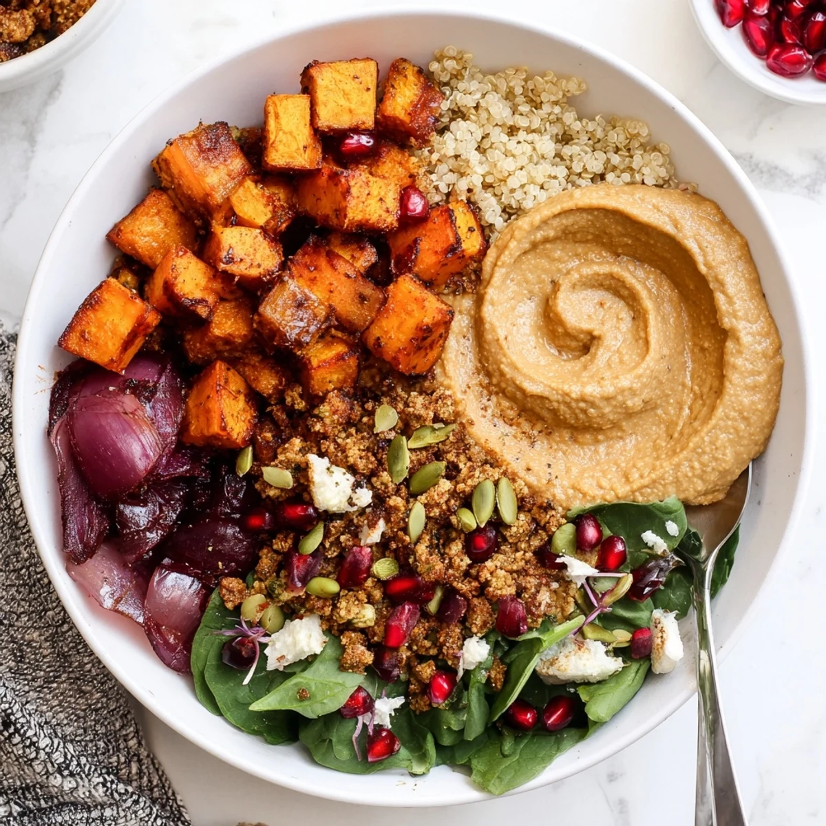 Roasted Spiced Winter Bowls filled with vibrant vegetables and creamy ube-coconut purée.  
