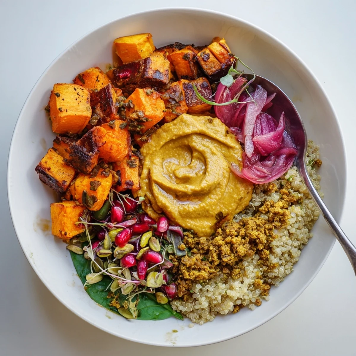 A cozy bowl of Spiced Winter Bowls featuring rich roasted veggies and pomegranate seeds.
