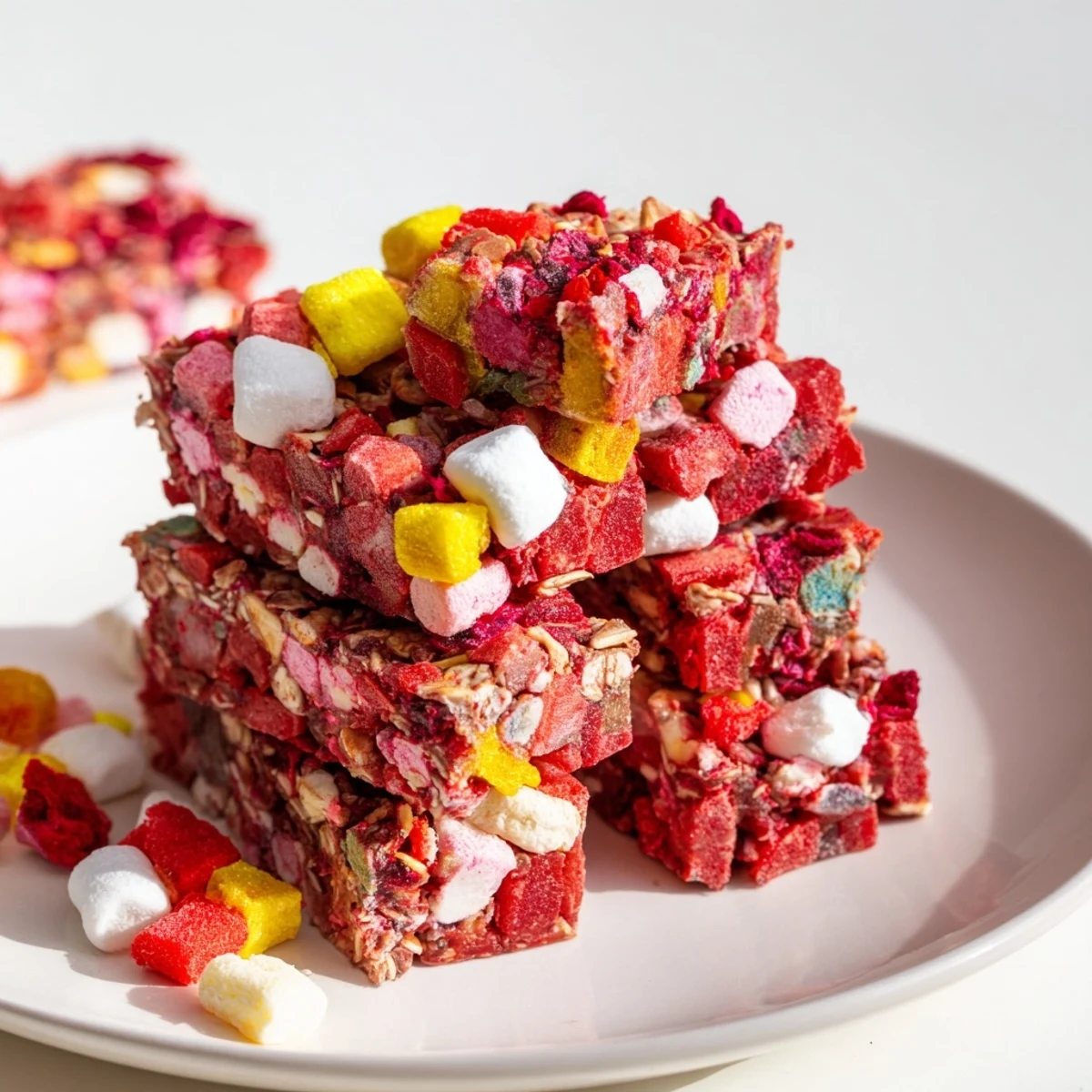 Vibrant freeze-dried candy and chewy gummies elevate these delightful DIY snack bars.
