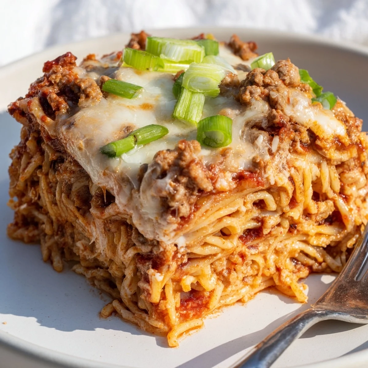 Layers of spicy ground pork, noodles, and cheese make this Spicy Ramen Lasagna irresistible.