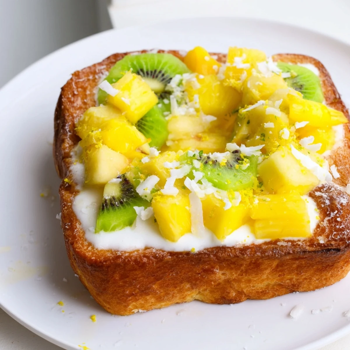 Creamy Yogurt-Custard Toast topped with fresh kiwi and pineapple slices  
