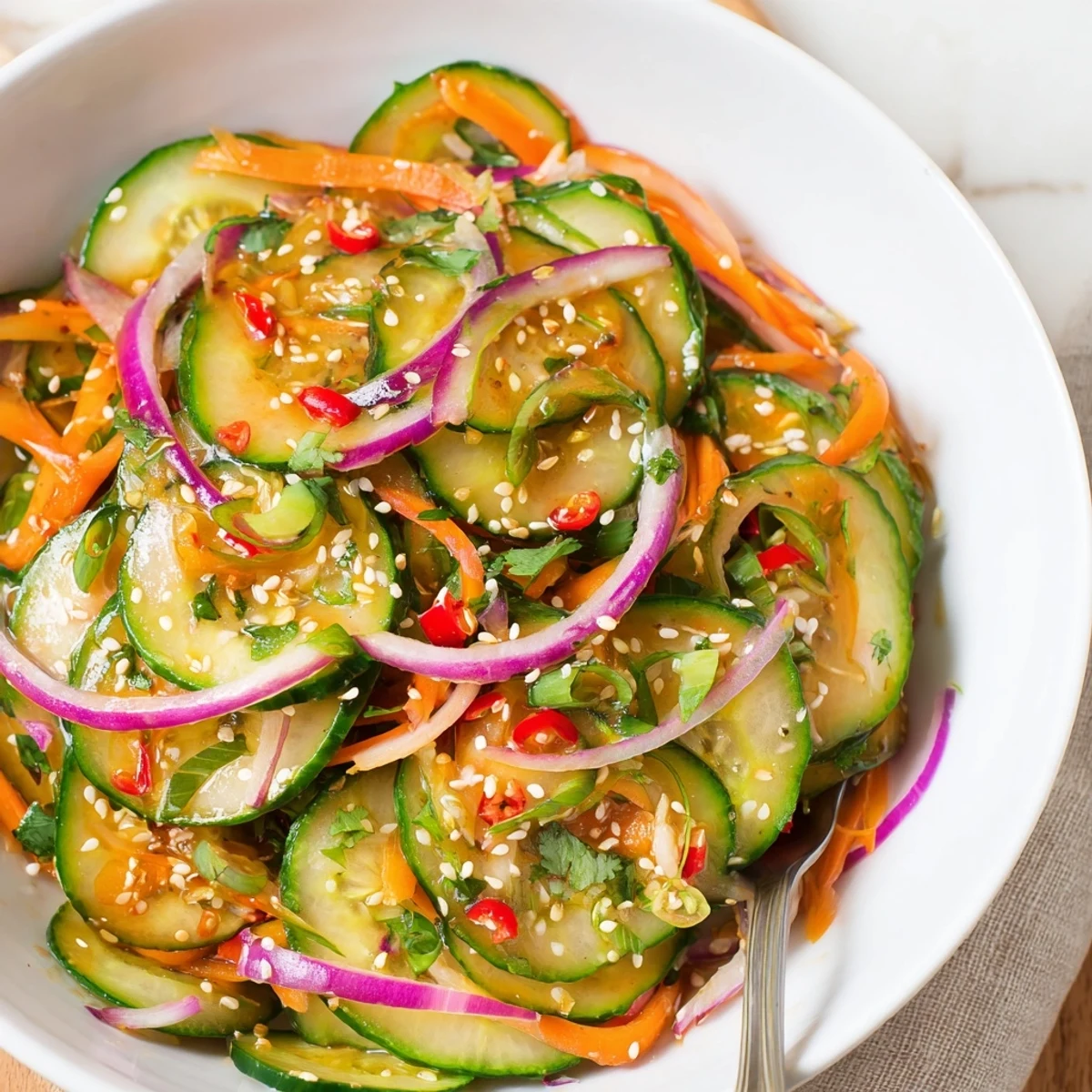 Refreshing cucumber salad remix with vibrant veggies and sesame dressing.  