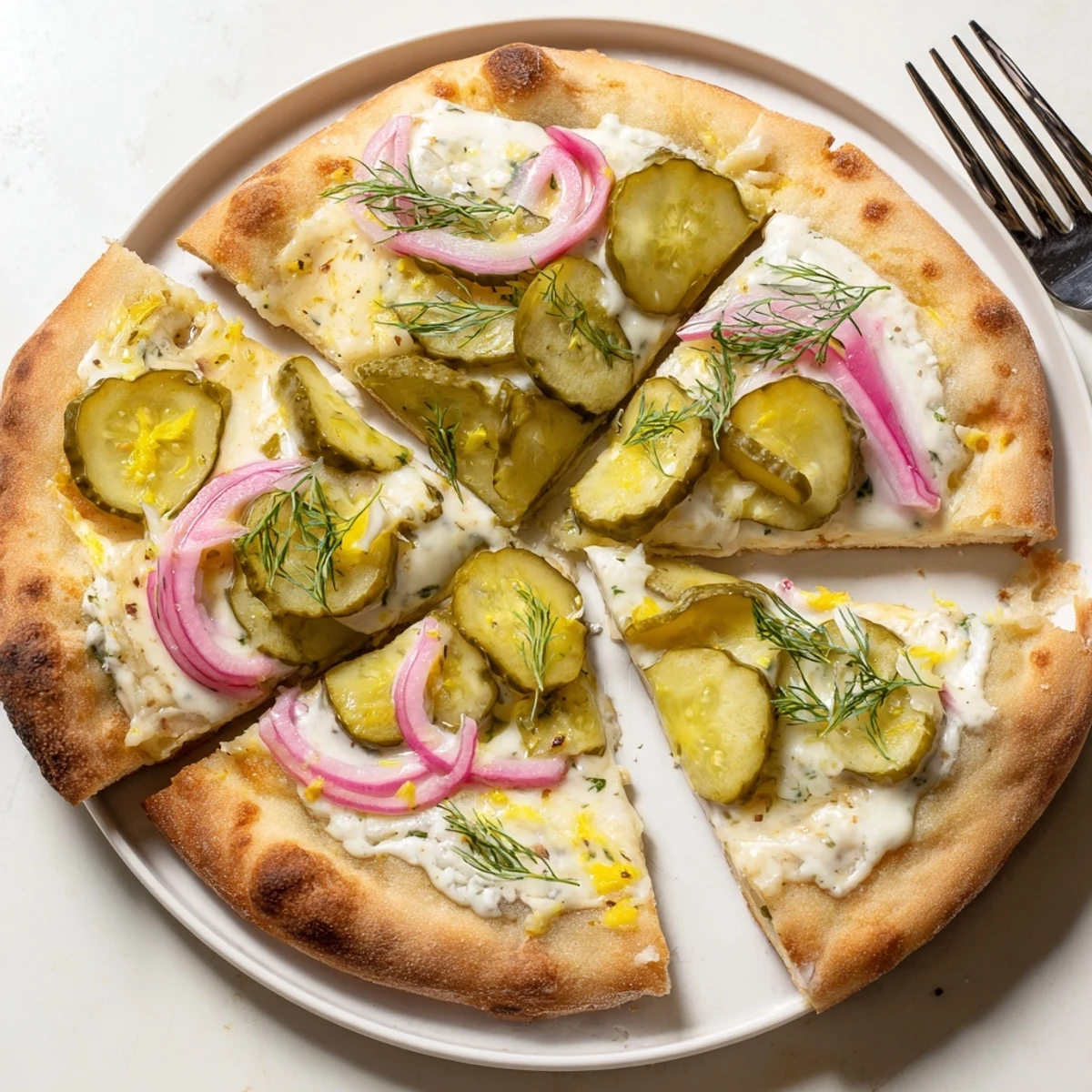 Tangy pickle pizza topped with creamy sauce and melted mozzarella cheese.  