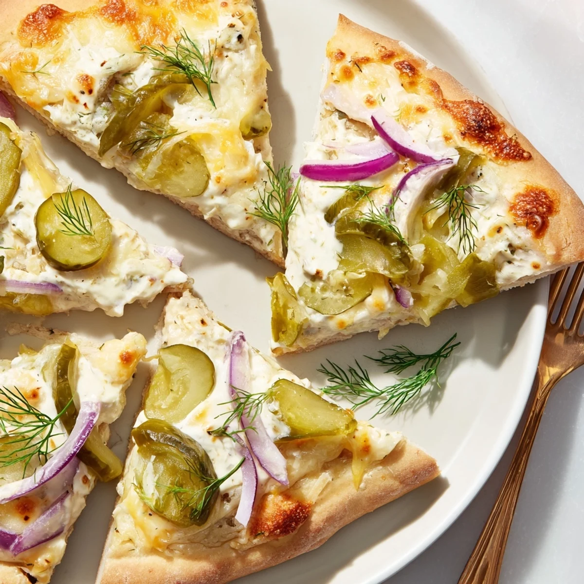 Deliciously unique pickle pizza with dill, red onion, and a golden crust.  
