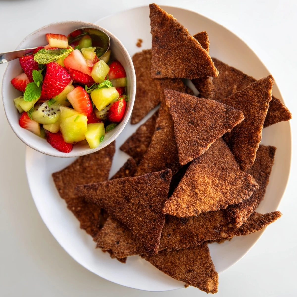 Sweet chocolate chips & salsa featuring vibrant fruits, perfect for any gathering!  