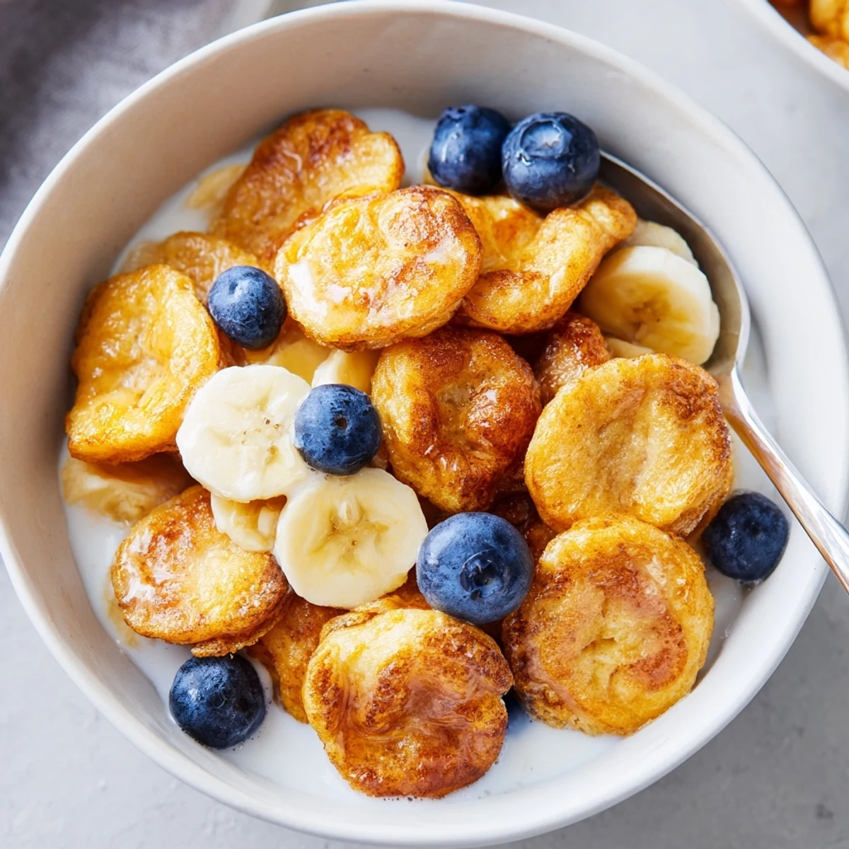Mini Pancake Cereal topped with fresh berries and syrup, perfect for breakfast delight.  