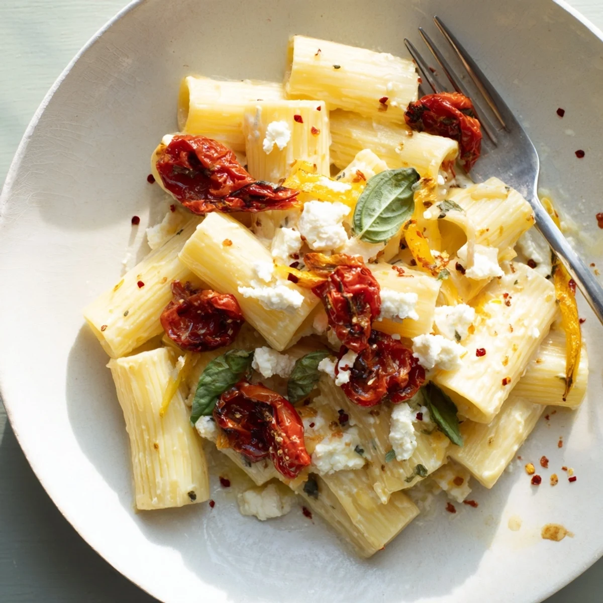 Creamy Baked Feta Pasta with sun-dried tomatoes and caramelised onions, perfect for dinner.  