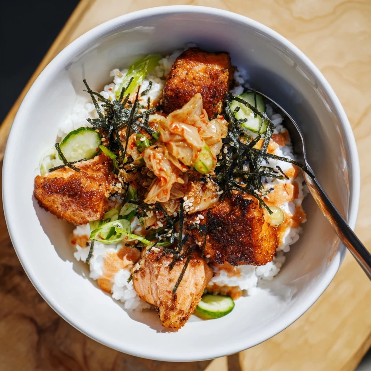 Crispy Salmon Rice Bowl garnished with vibrant kimchi and creamy avocado slices.  