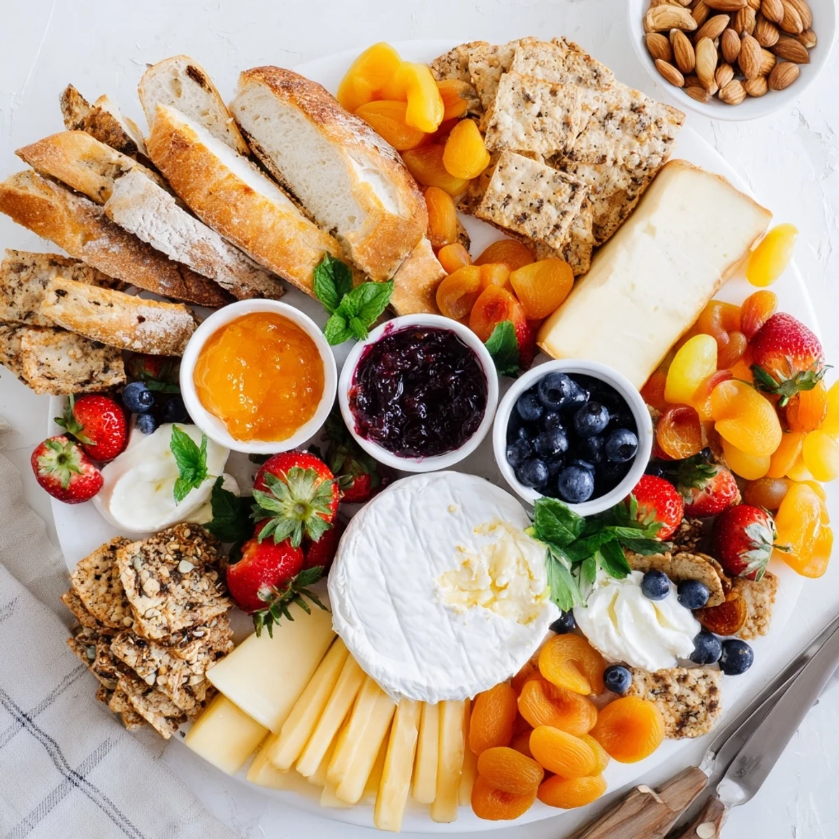 Colorful brunch board with jam, fresh fruits, and creamy cheeses for sharing.