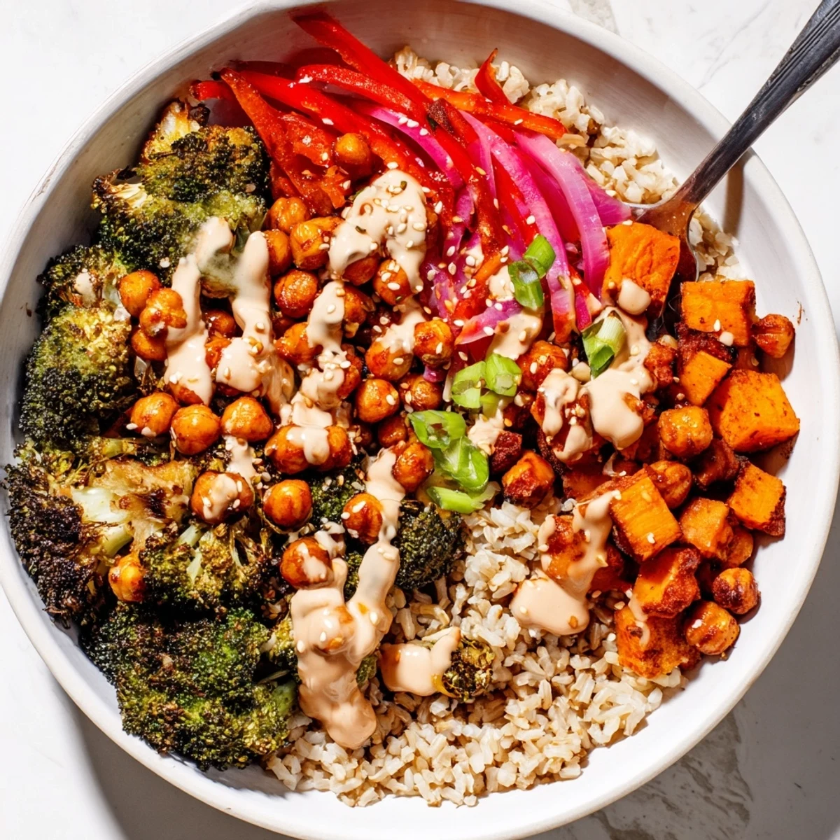 Vibrant Bold Sauce Drizzle Bowls topped with miso-butter and roasted veggies.  