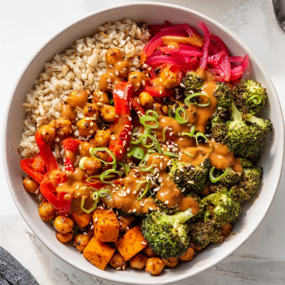 Comforting Bold Sauce Drizzle Bowls with roasted sweet potatoes and zesty toppings.