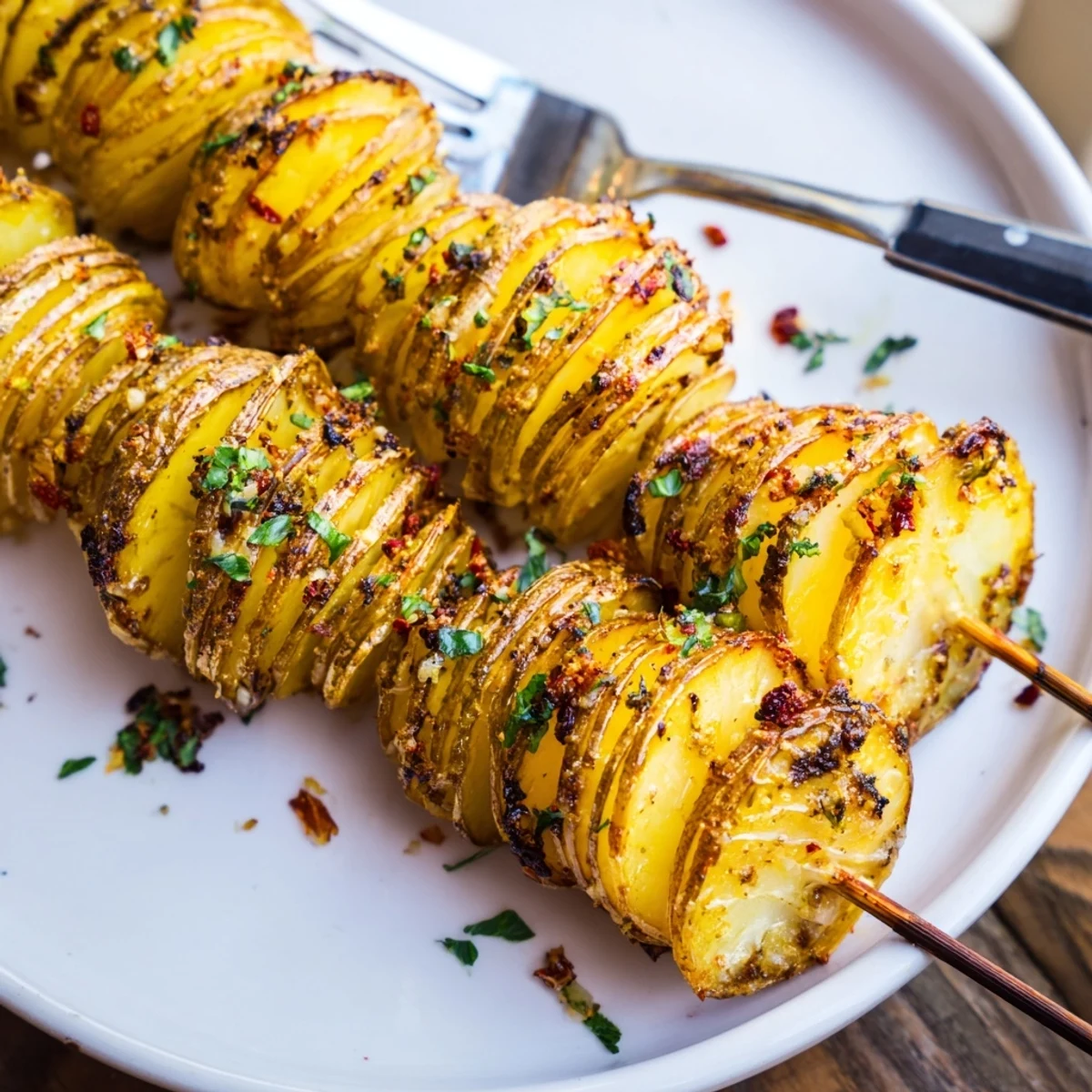 Crispy Air-Fryer Tornado Potatoes seasoned with garlic and paprika, served on skewers.  