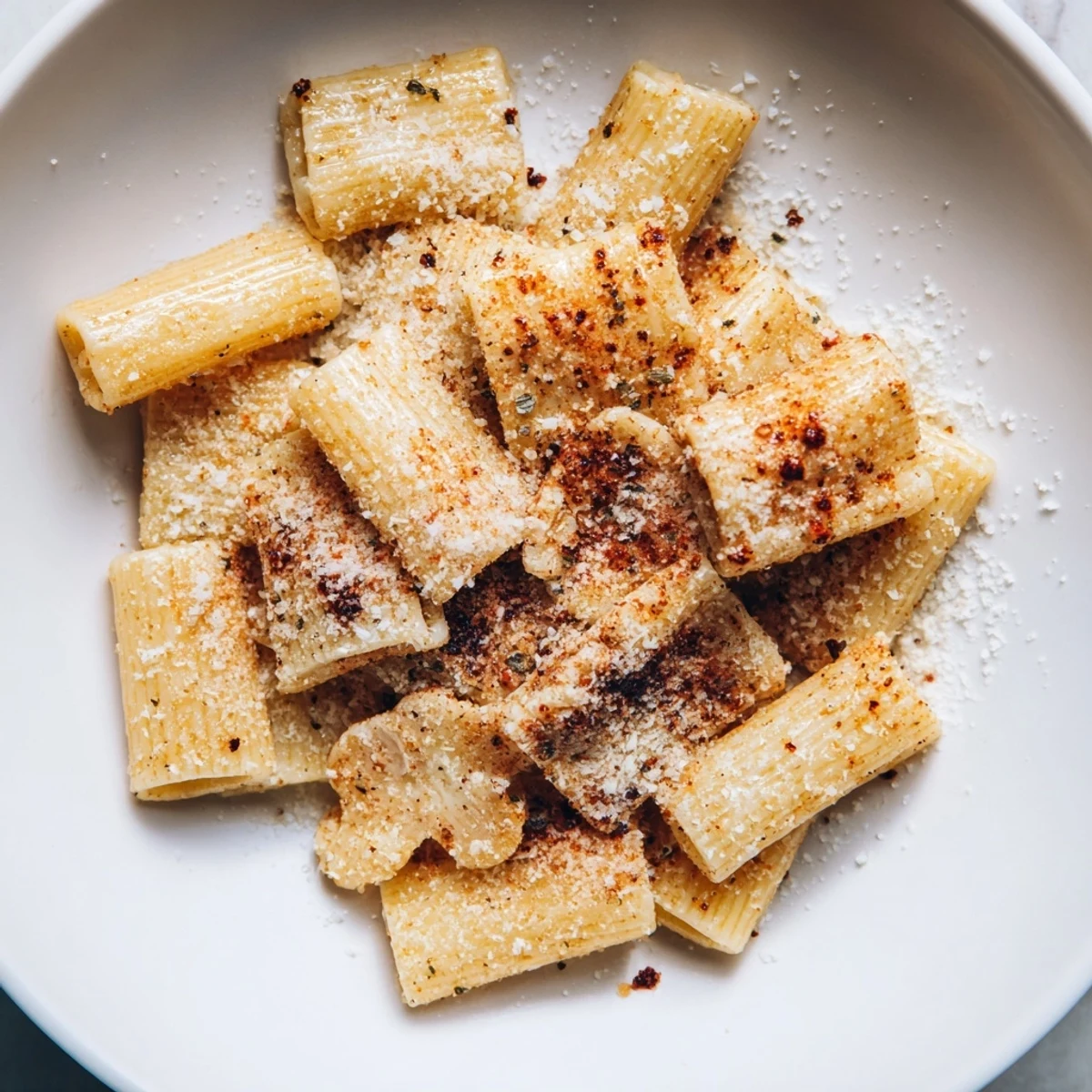 Golden brown pasta chips tossed with flavorful spices, ideal for sharing among friends.  