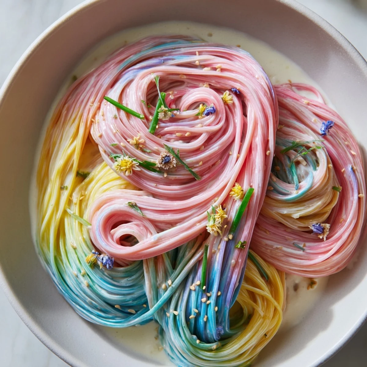 Creamy Neon Noodle Cloud beautifully presented, enticing for vegetarians and fusion lovers.