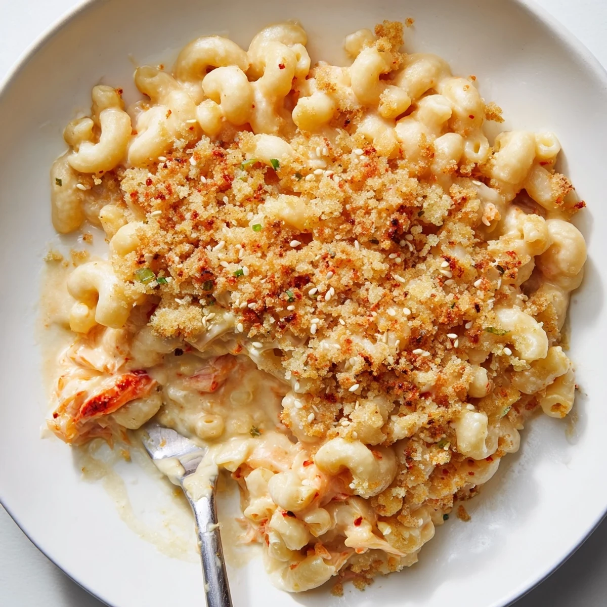 Creamy spicy kimchi mac & cheese topped with crunchy sesame for a unique twist.
