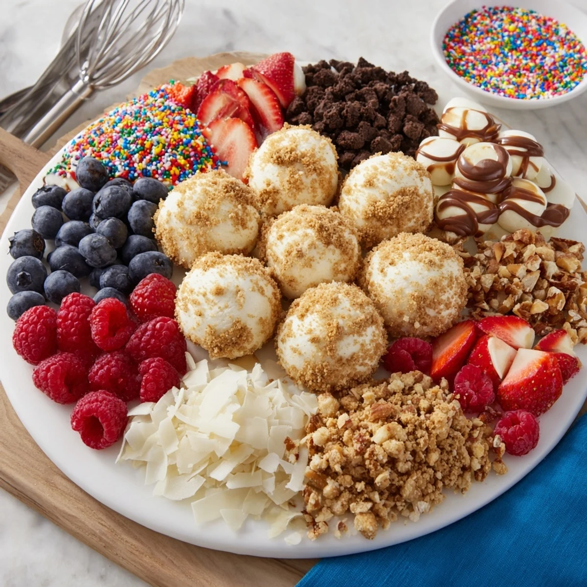 Deconstructed dessert board with creamy cheesecake bites and colorful, fresh fruit toppings.  